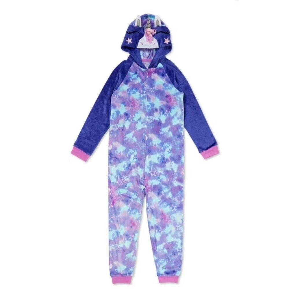 Unicorn PJ‎ Girls 7/8 Blue Zip Front Fleece Pajama One Piece Outfit Costume Suit